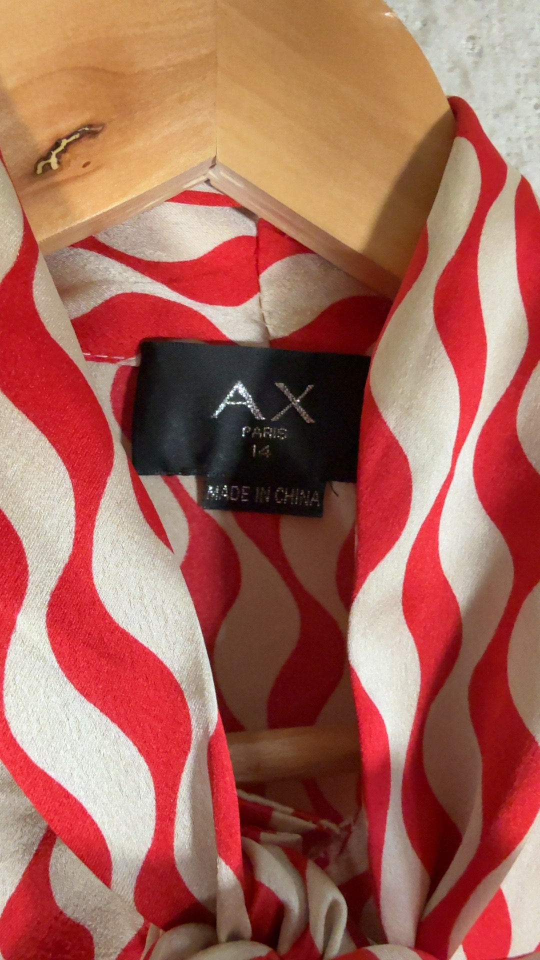 AX Paris Red & White Wave Pattern Blouse UK 14 Long Sleeve Tie Neck image 3