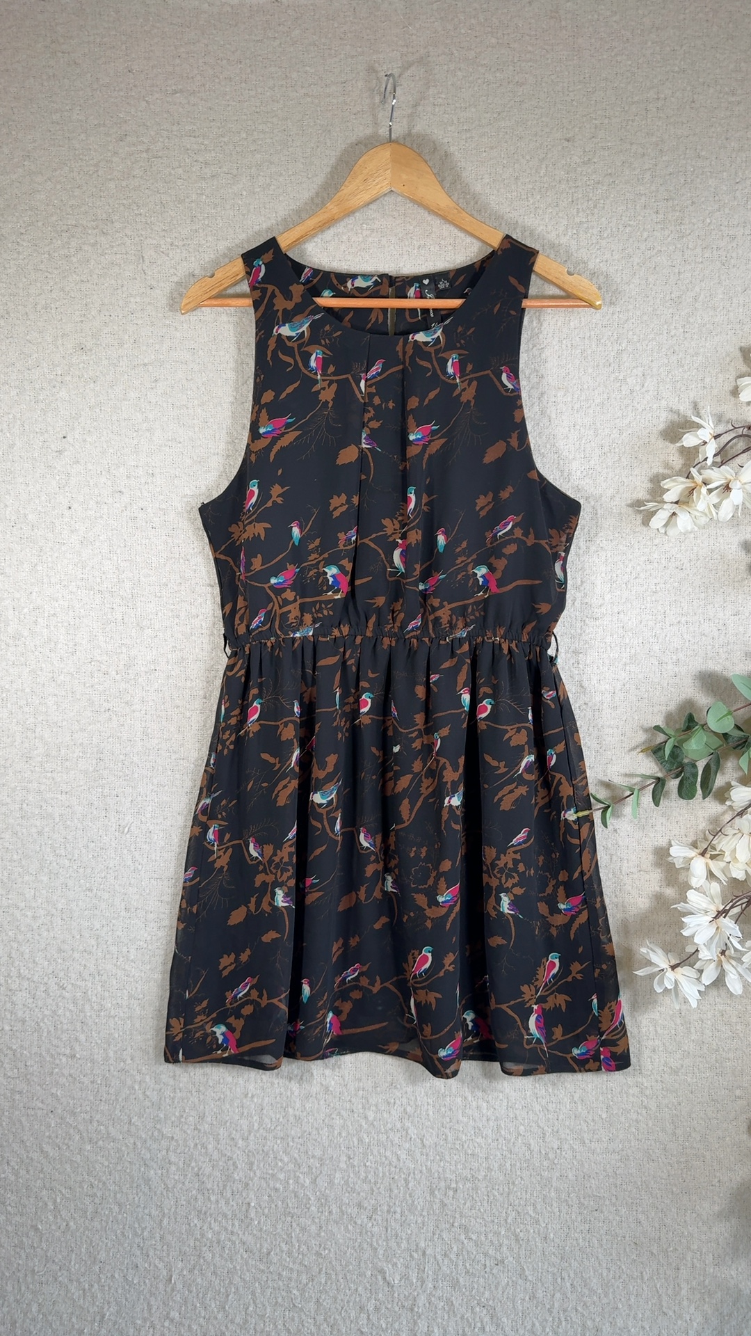 Influence Black Multi Bird Print Sleeveless Dress Large UK 14 Elegant Summer Style