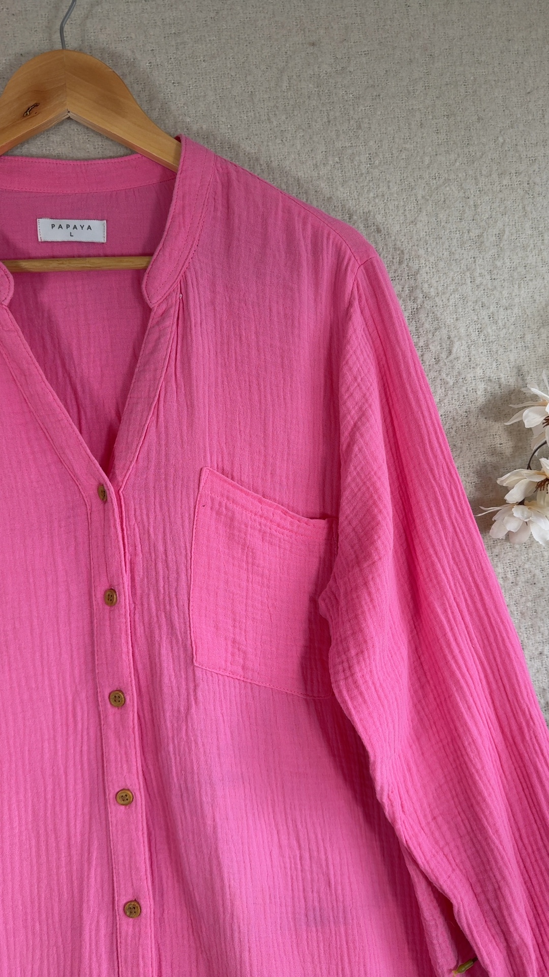 Papaya Pink Button Front Long Sleeve Shirt Large Soft Cotton Lightweight image 4
