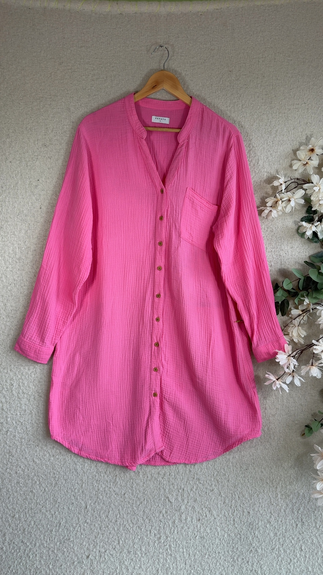 Papaya Pink Button Front Long Sleeve Shirt Large Soft Cotton Lightweight
