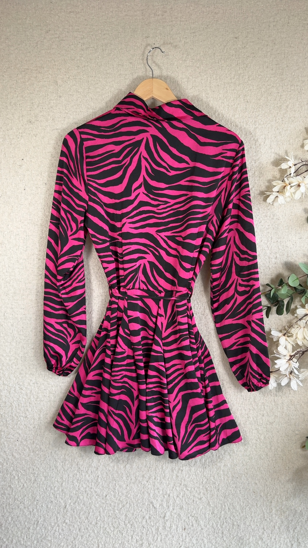 AX Paris Pink & Black Zebra Print Shirt Dress UK 14 Long Sleeve Waist Tie image 4