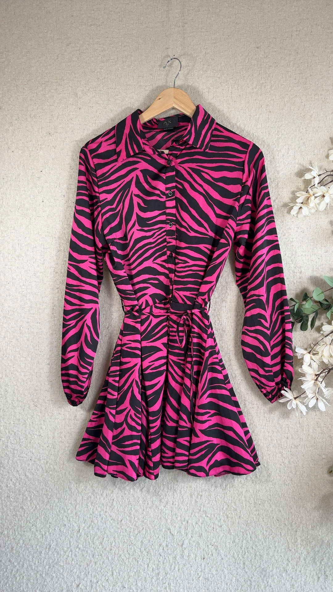 AX Paris Pink & Black Zebra Print Shirt Dress UK 14 Long Sleeve Waist Tie