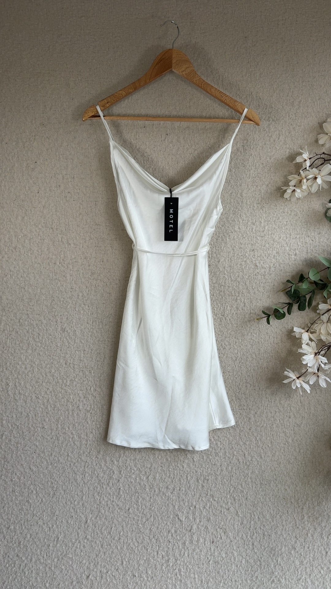Motel White Satin Slip Dress UK XXS Elegant Spaghetti Straps Tie Waist