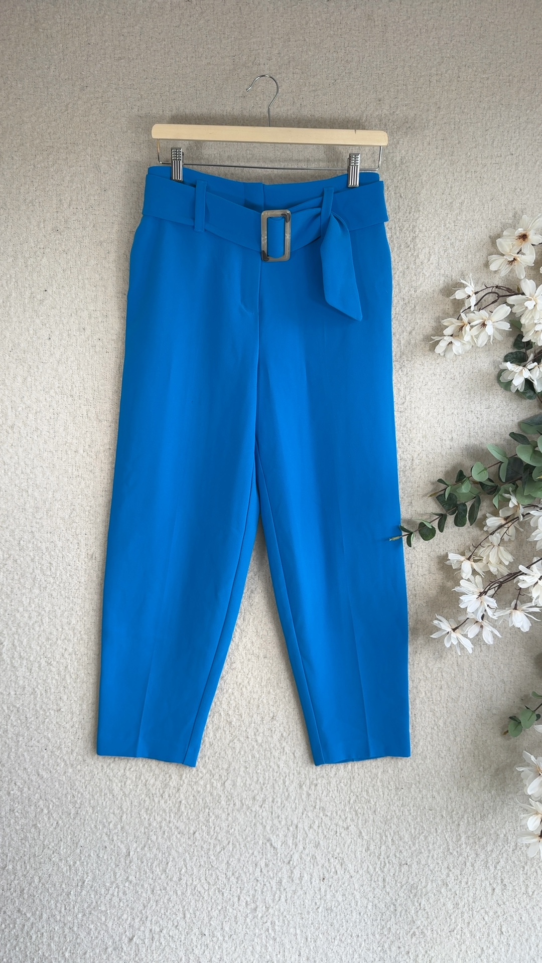 Topshop Blue Tapered Belted Trousers UK 10 Stylish Modern Fit