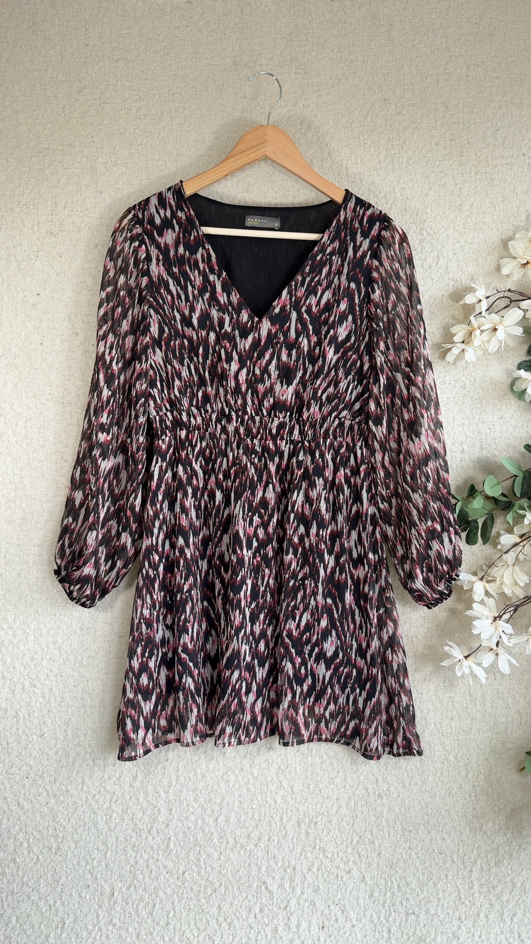 Papaya Black & Pink Patterned Sheer Sleeve Dress UK 12 Petite Stylish