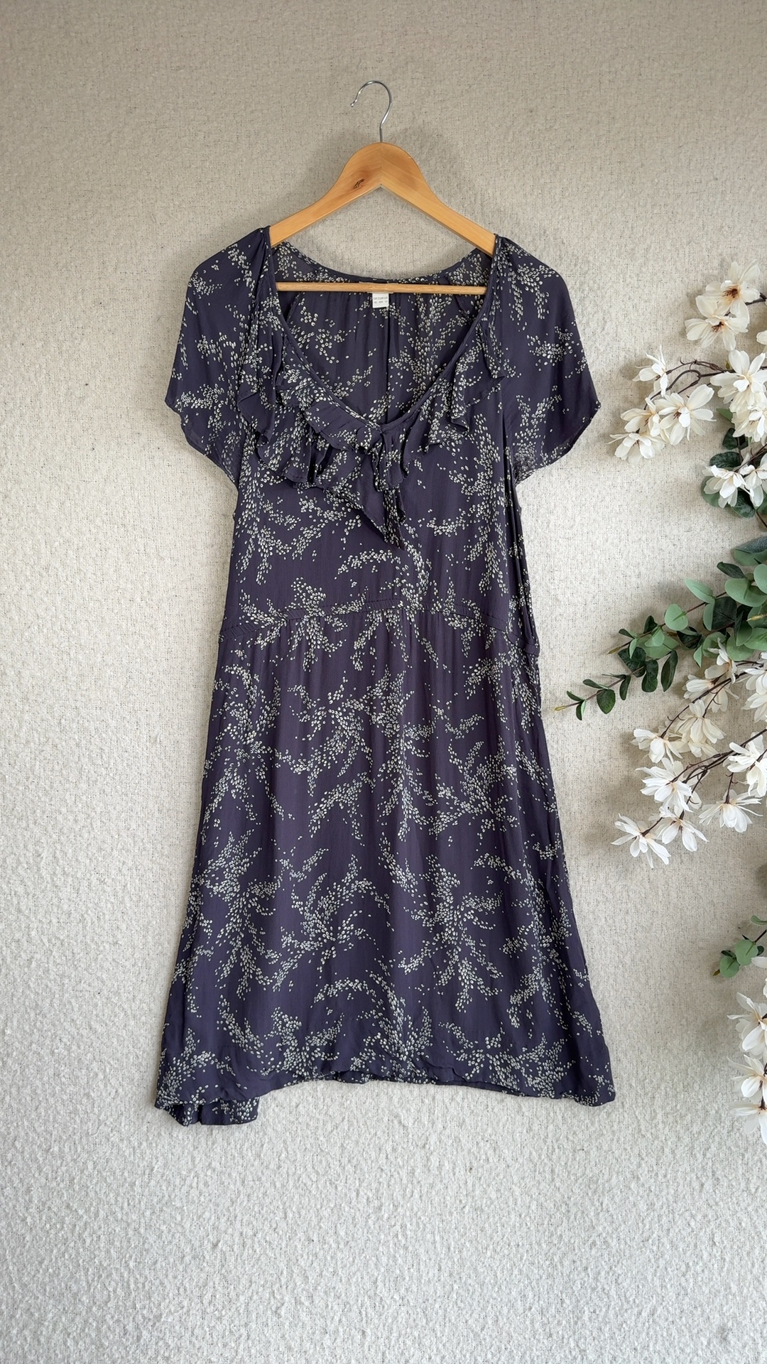 Monsoon Navy & Cream Floral Print Ruffle Sleeve Dress UK 16 Summer Casual