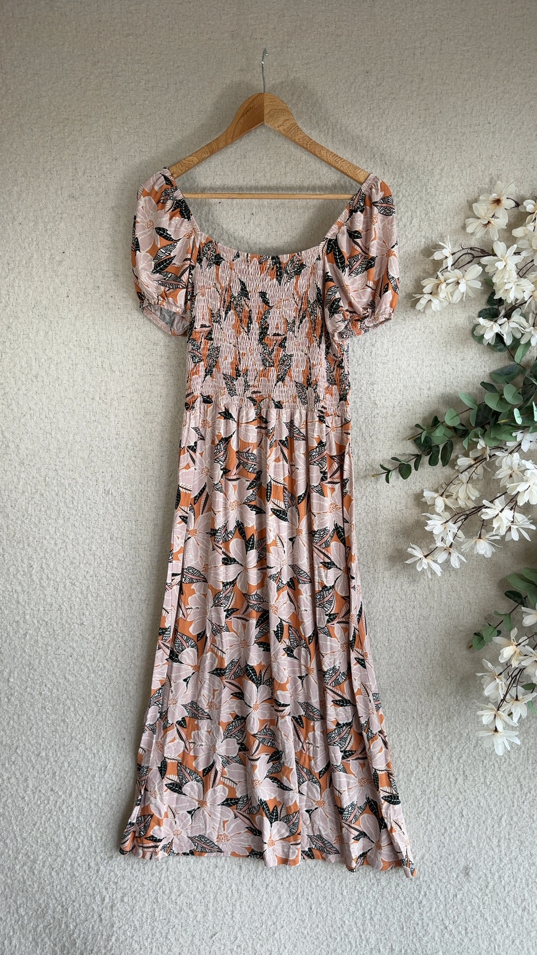 Peacocks Pink & Orange Floral Puff Sleeve Midi Dress UK 14 Summer Chic