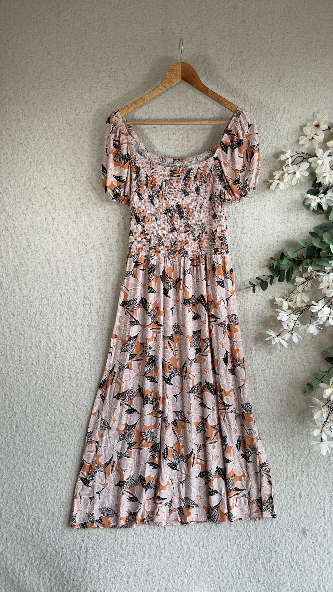Peacocks Pink & Orange Floral Puff Sleeve Midi Dress UK 14 Summer Chic image 4