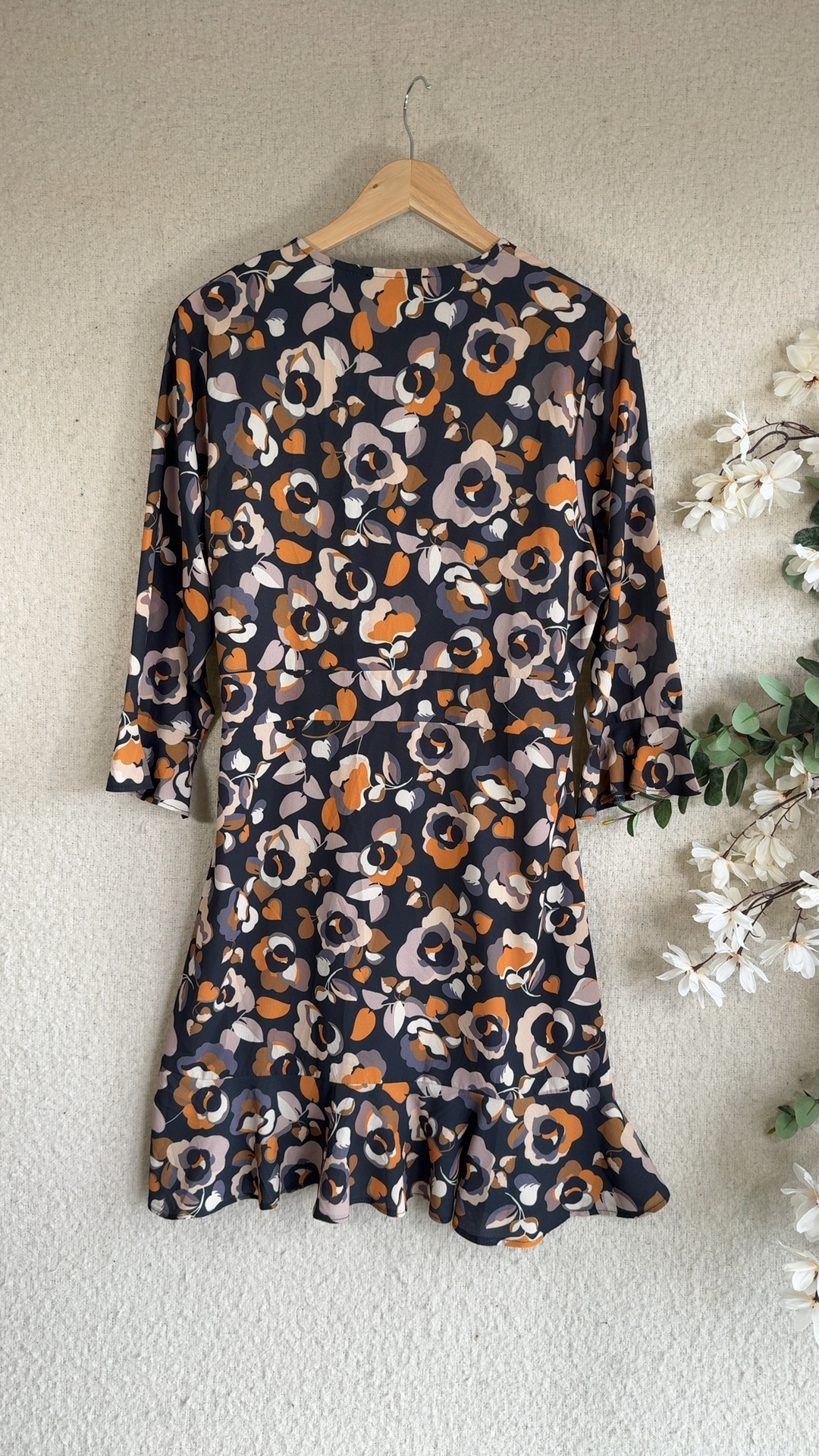 Next Floral Print Black & Orange Wrap Dress UK 16 Autumn Winter Style image 4