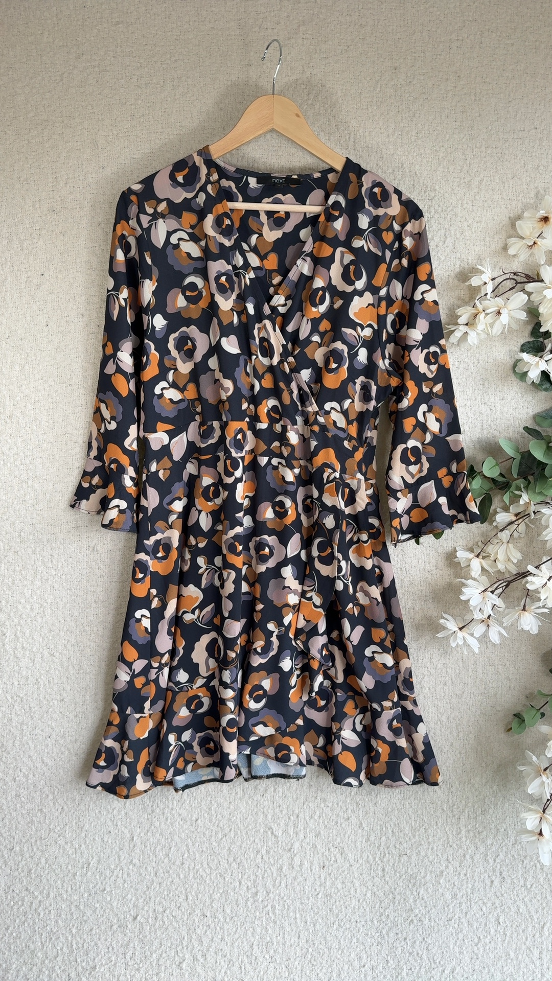 Next Floral Print Black & Orange Wrap Dress UK 16 Autumn Winter Style