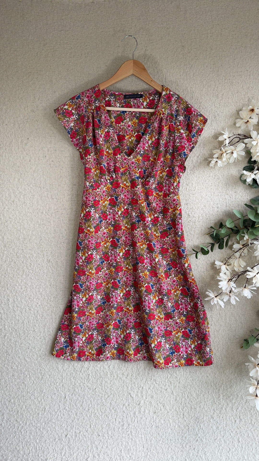 M&S Floral Print Dress UK 12 Petite V Neck Multi Colour Summer Casual