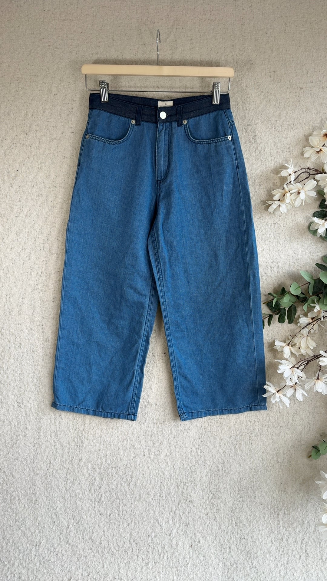 Two-Tone Blue Denim Straight Leg Jeans UK M Stylish Casual High Waist