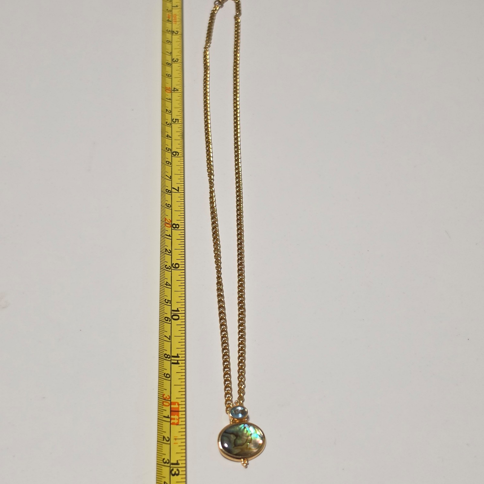 Gold Tone Abalone & Blue Gemstone Pendant Necklace 13 in Chain
