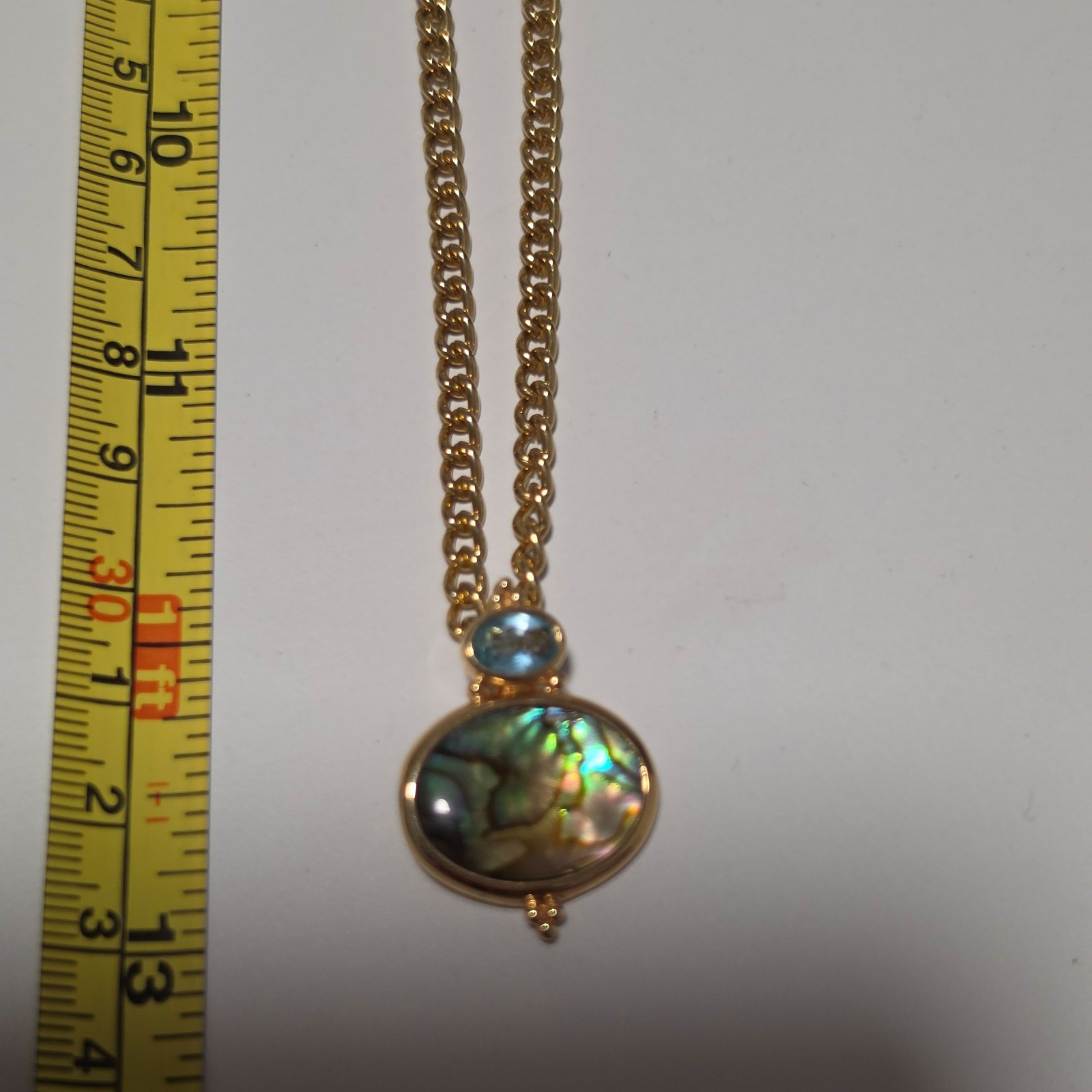 Gold Tone Abalone & Blue Gemstone Pendant Necklace 13 in Chain image 3