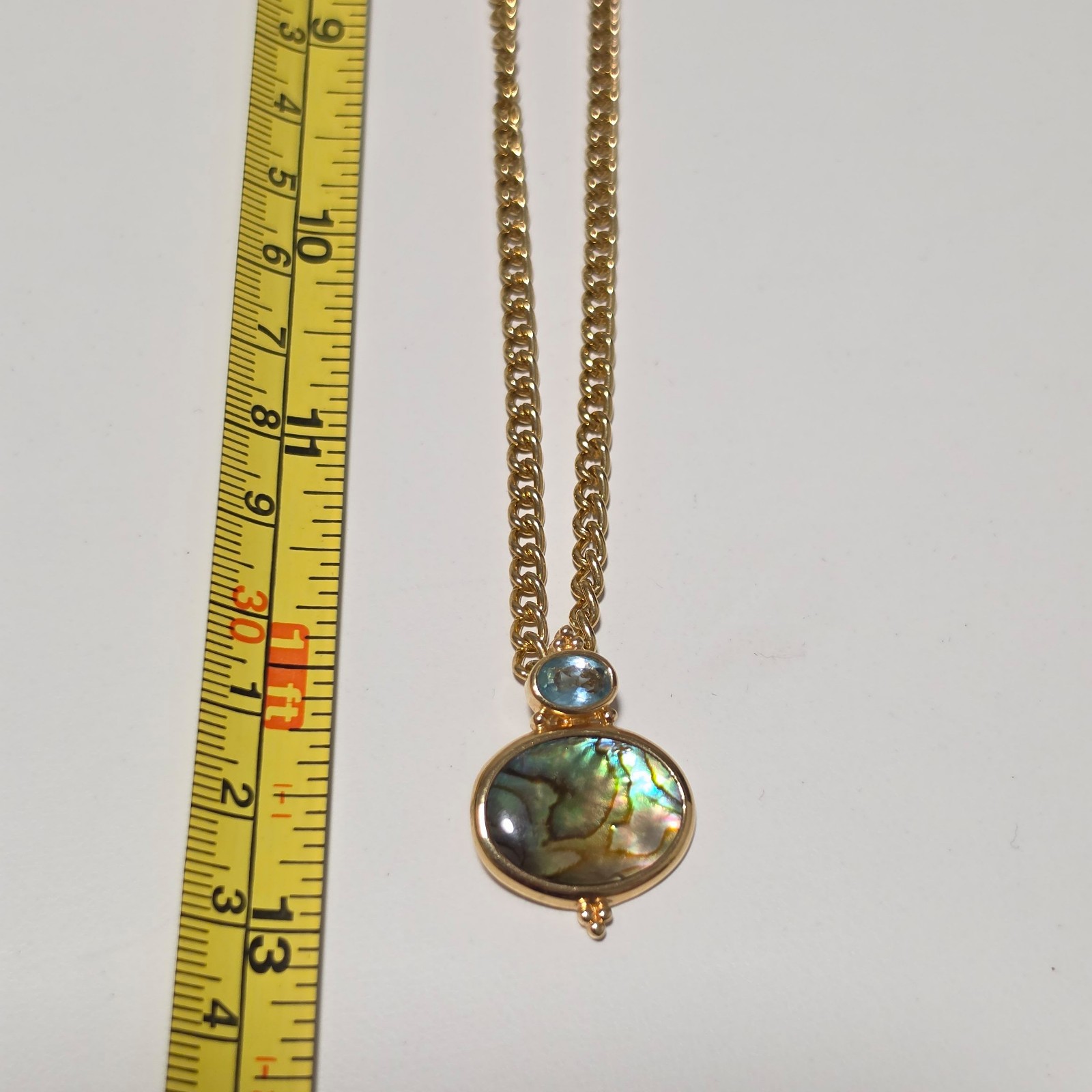 Costume Gold Tone Pendant Necklace with Blue Stones and paua. B3 image 2