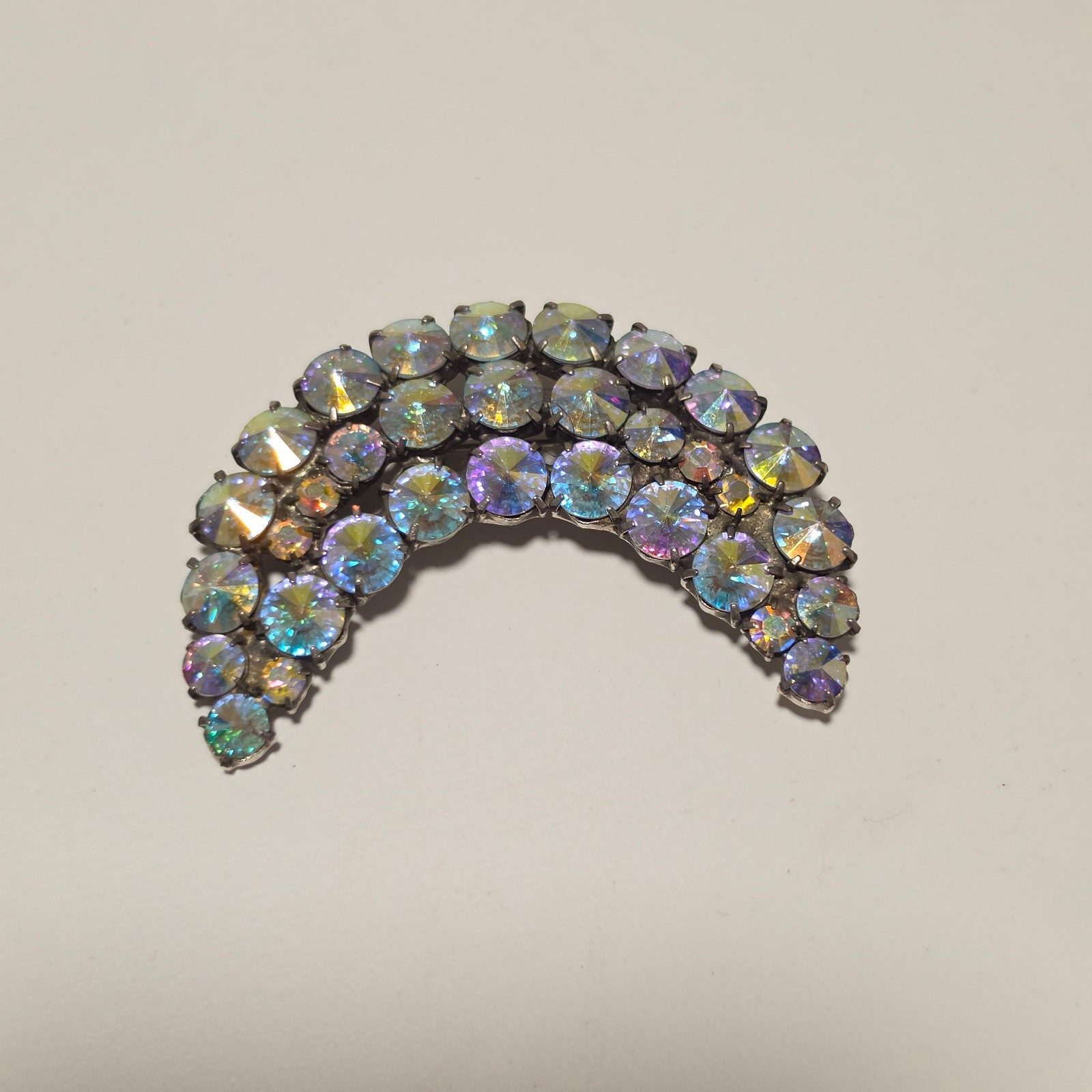 Vintage Aurora Borealis Crystal Crescent Moon Brooch. B3