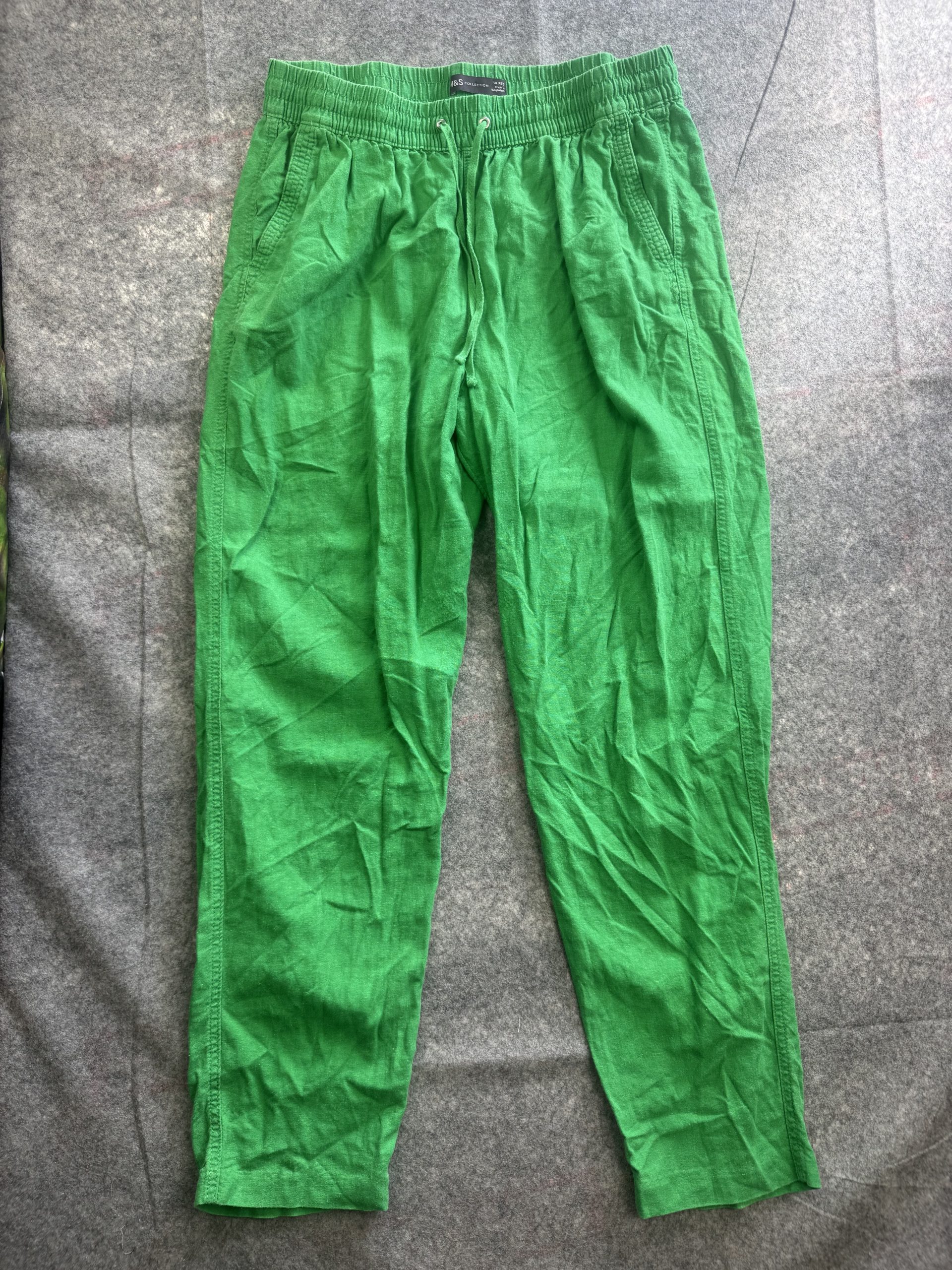 M&S Bright Green Linen Blend Drawstring Trousers UK 14 Regular
