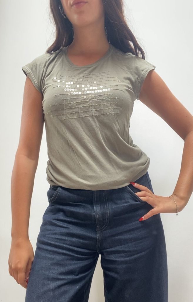 Y2K Calvin Klein Jeans Green Sequin Logo T-Shirt Small