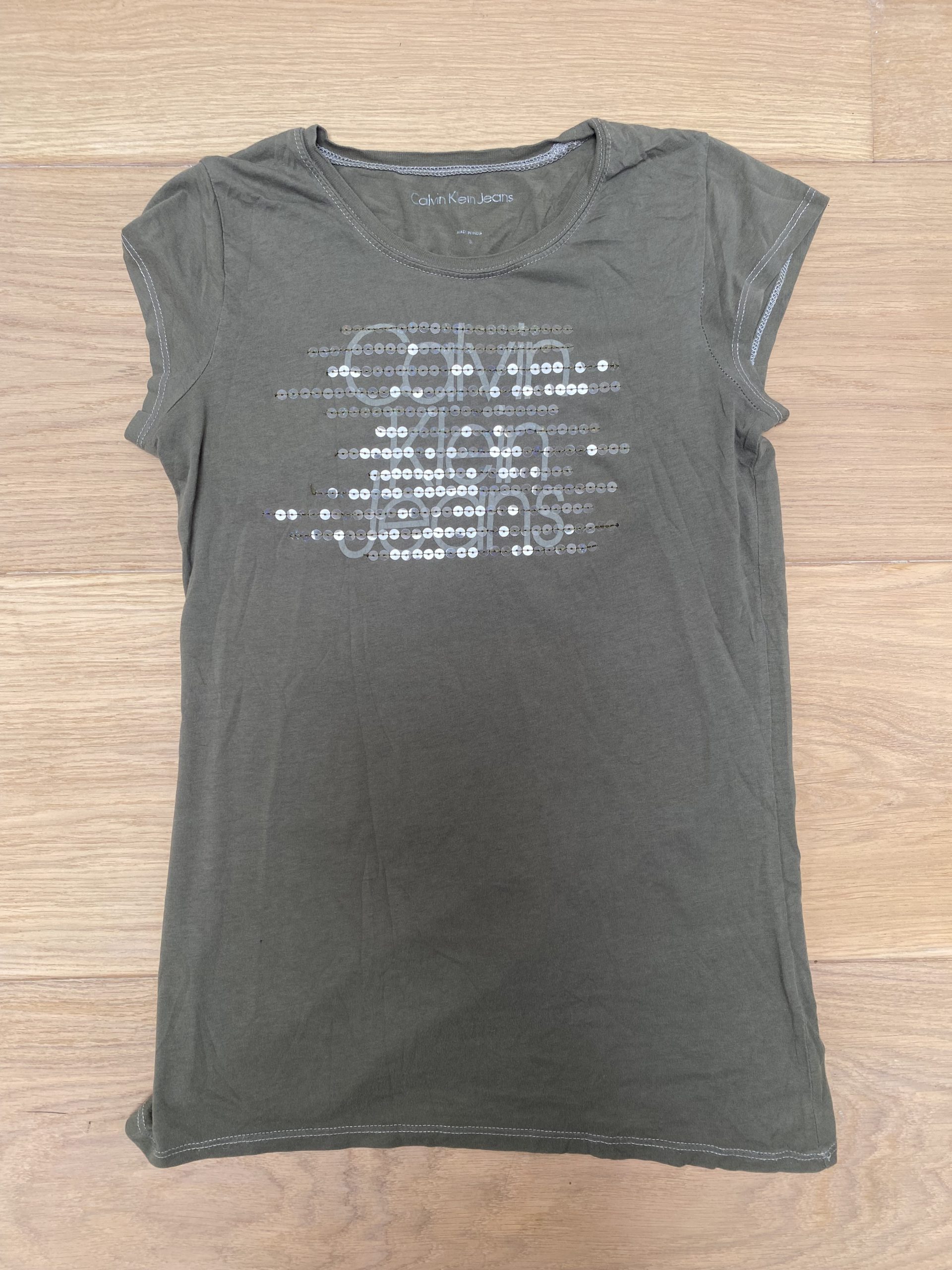 Y2K Calvin Klein Jeans Green Sequin Logo T-Shirt Small image 2