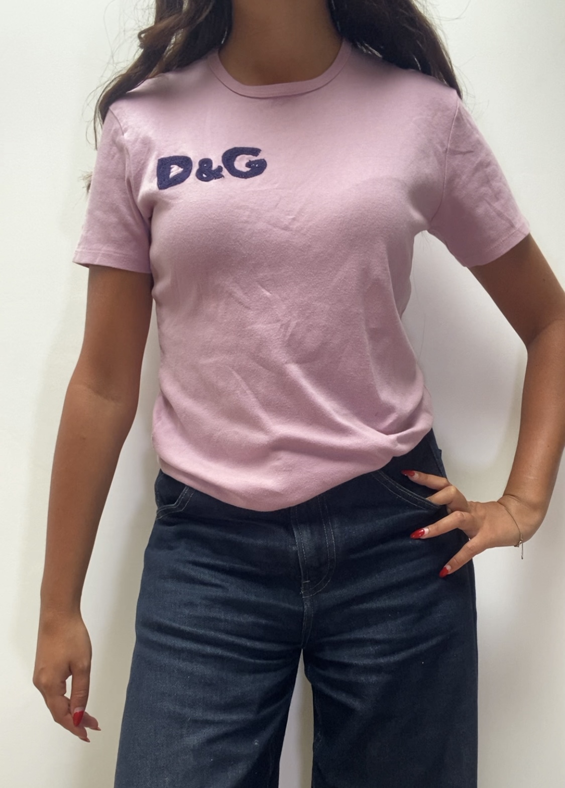 Y2K Dolce & Gabbana Pink & Navy Logo T-Shirt Medium image 2