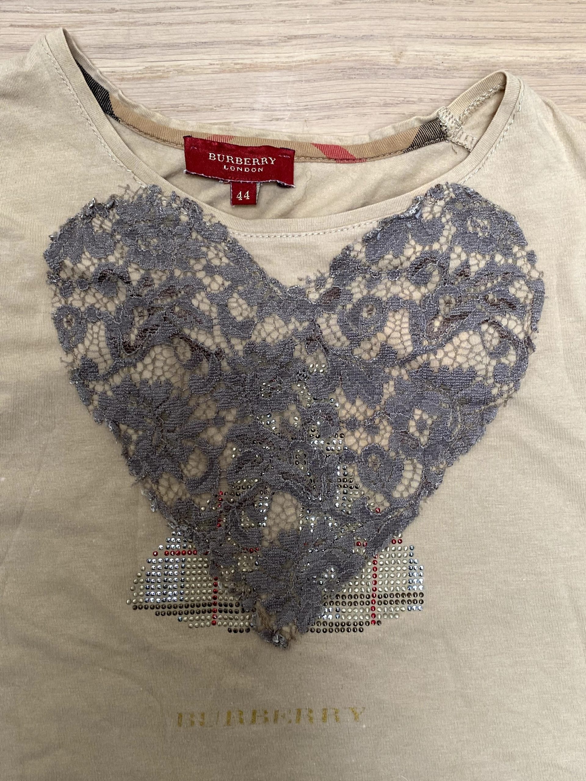 Y2K Vintage Burberry Beige Lace Heart Long Sleeve Top UK 10-12 image 2