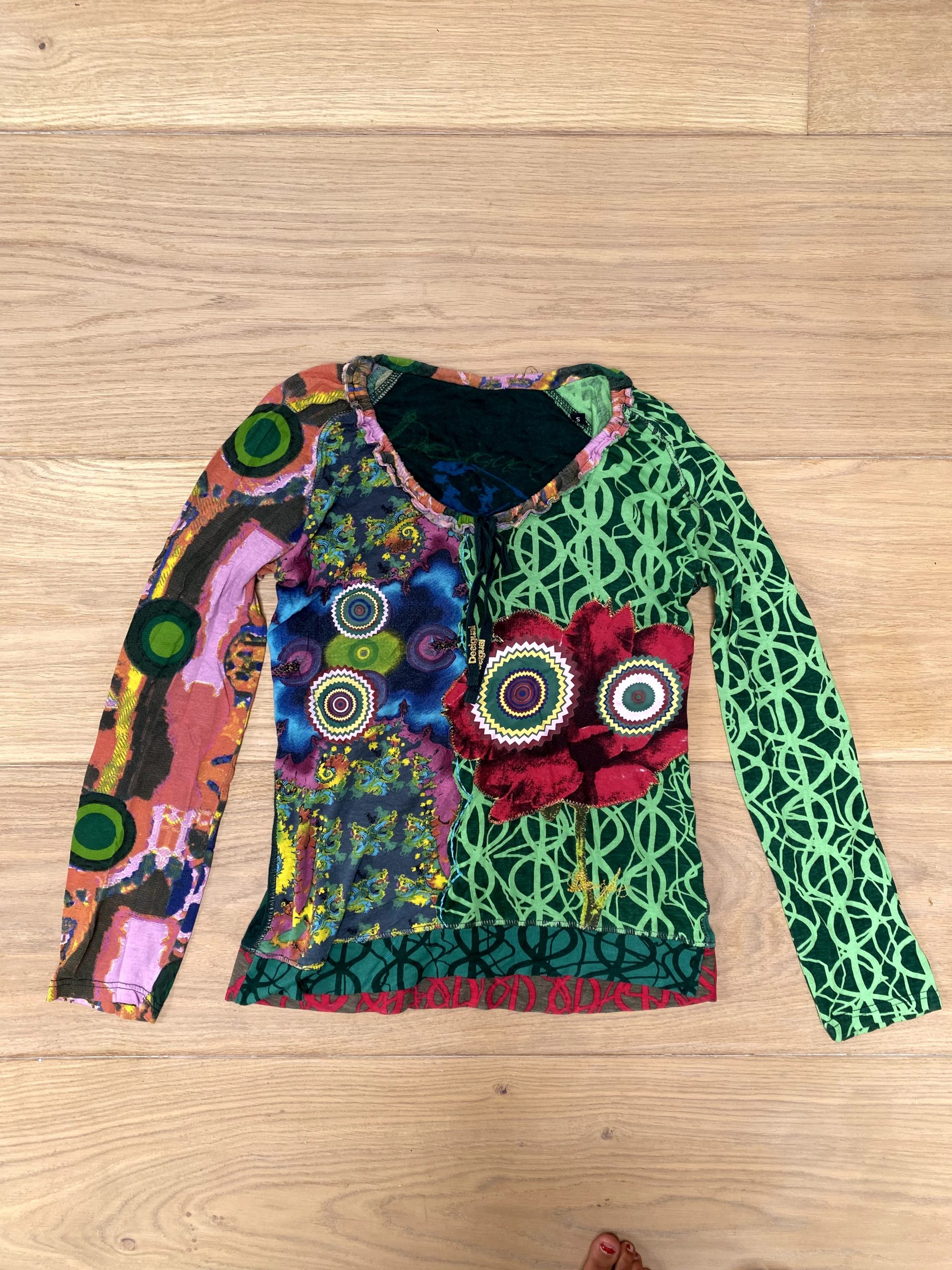 Y2K Vintage Desigual Multi Colour Printed Long Sleeve Top Small Artistic Floral Design