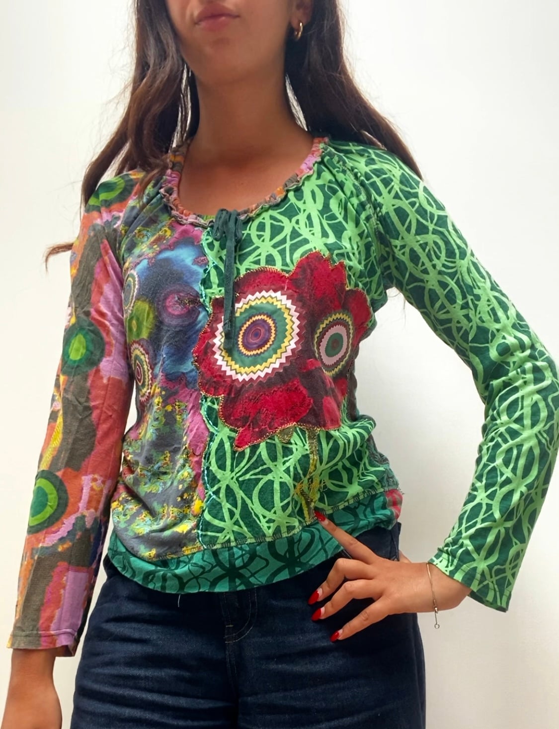 Y2K Vintage Desigual Multi Colour Printed Long Sleeve Top Small Artistic Floral Design image 2