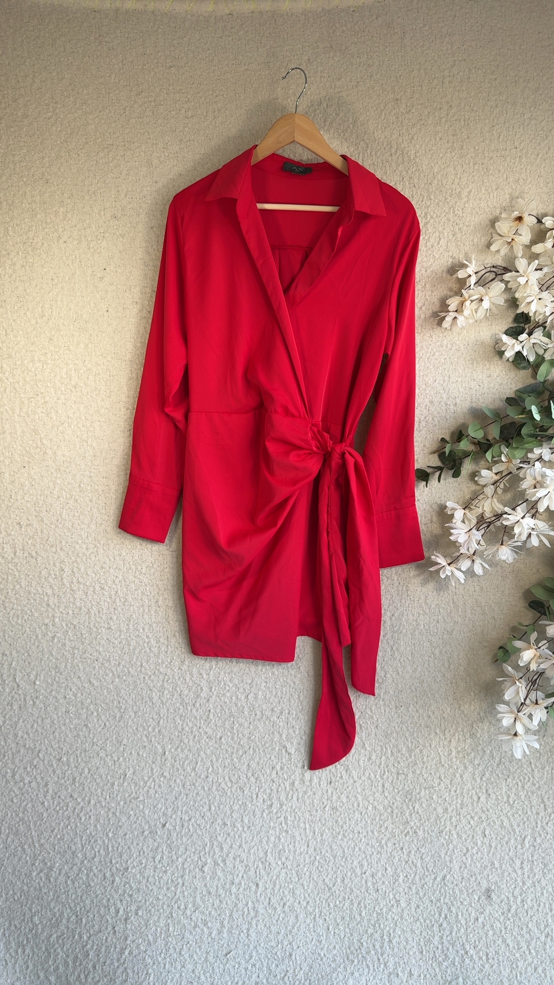 AX Paris Red Tunic Shirt Dress UK 14 Long Sleeve Waist Tie Stylish