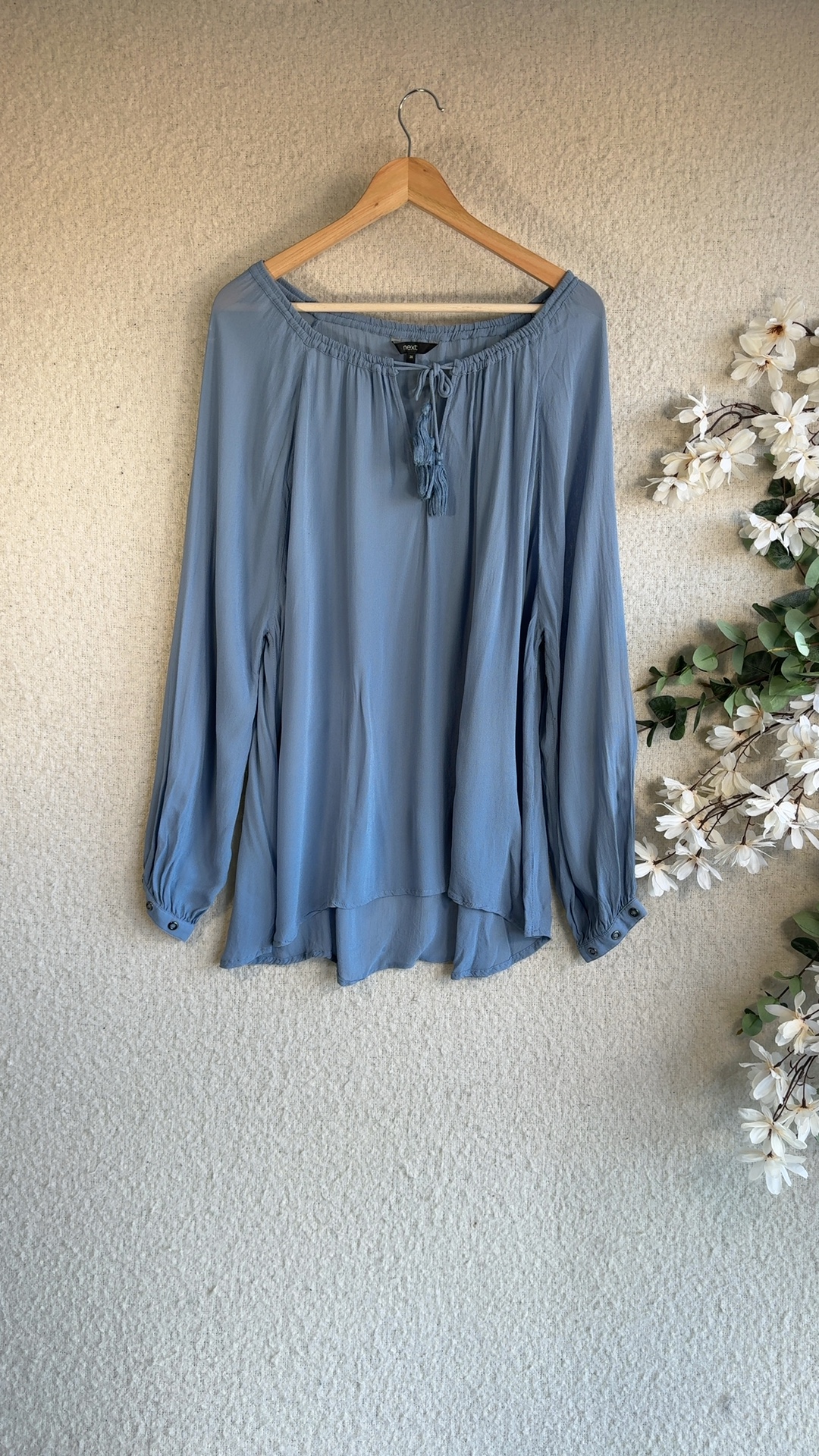 Next Blue Lightweight Tassel Tie Boho Blouse UK 20 Relaxed Fit