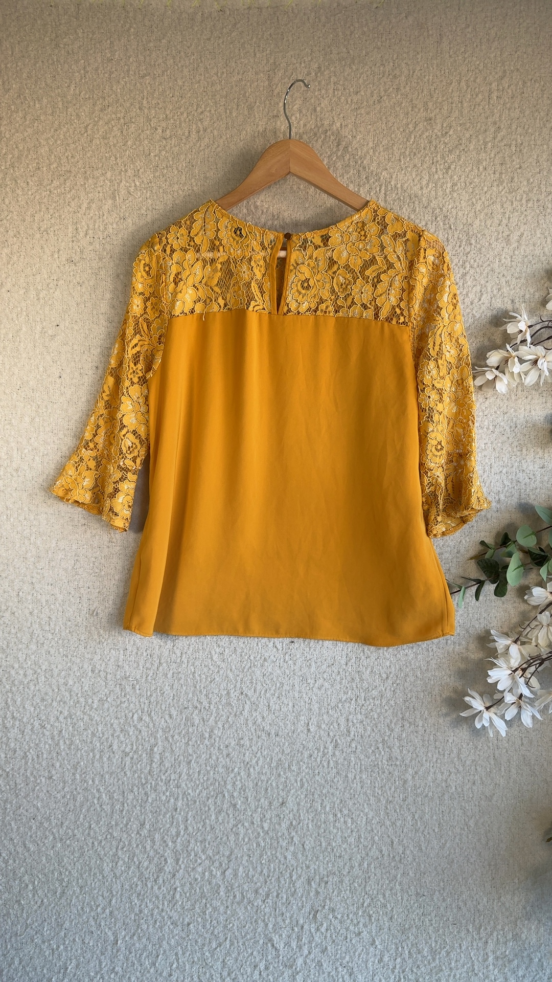 Soon Mustard Yellow Lace & Polyester Top UK 12 Elegant Contrast Sleeve Blouse image 4