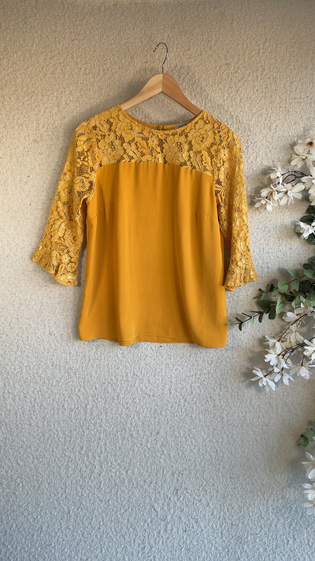 Soon Mustard Yellow Lace & Polyester Top UK 12 Elegant Contrast Sleeve Blouse