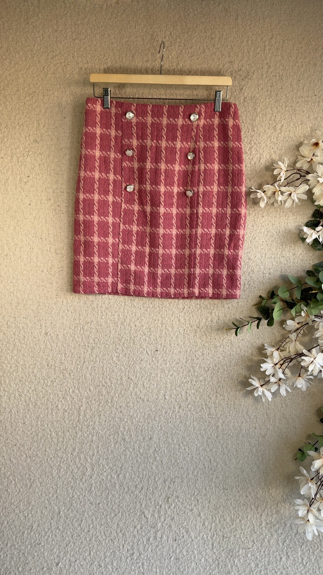 Pink & Light Pink Checked Tweed Mini Skirt UK Small Stylish Buttons