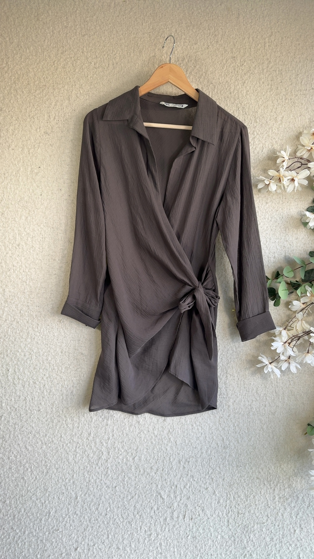 Zara Grey Cotton Tie Waist Shirt Blouse UK Medium Chic Casual Stylish