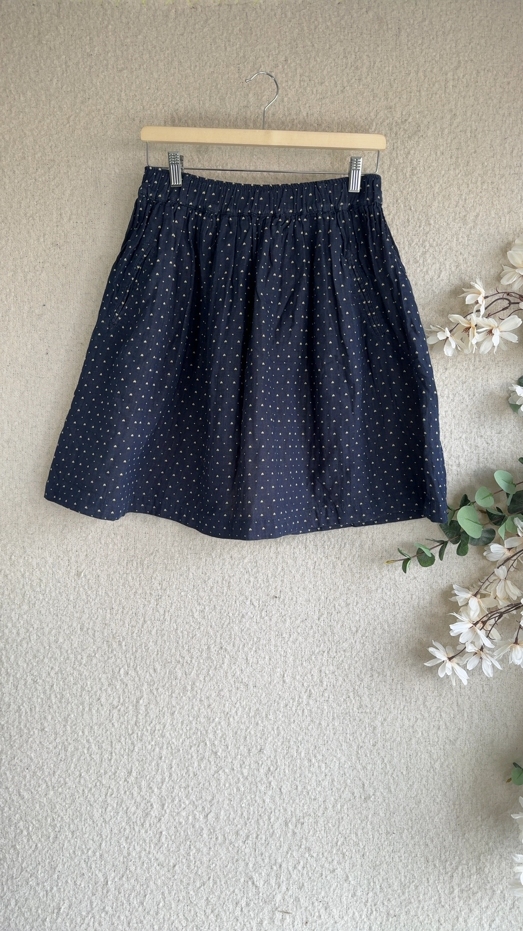 Mango Navy Blue Polka Dot Cotton Casual Skirt UK Medium Elastic Waist