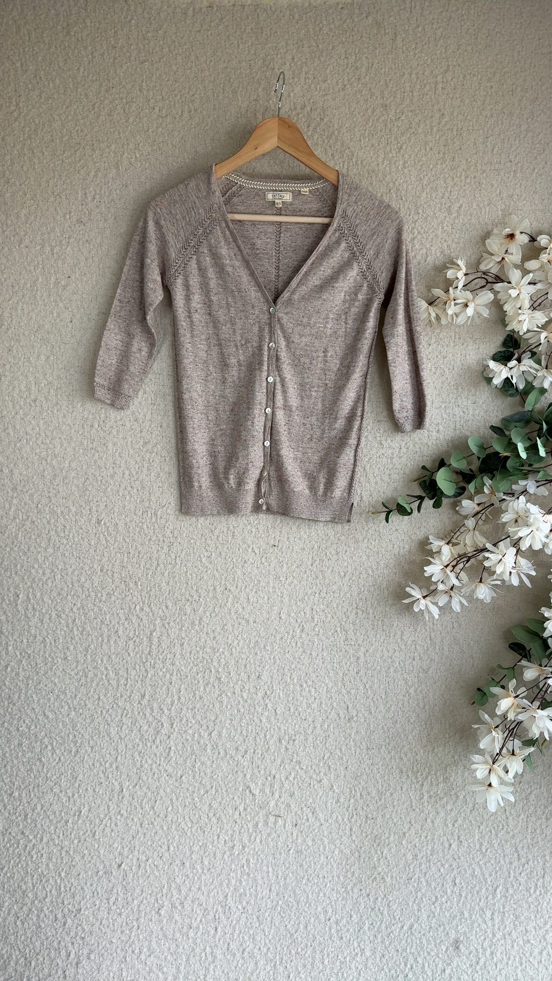 FatFace Neutral Beige Cotton Fine Knit Cardigan UK 6 Lightweight Stylish