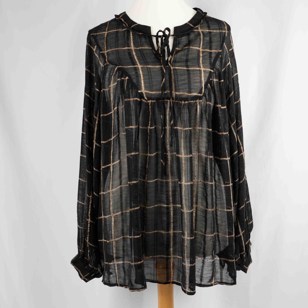 Next Sheer Blouse Black & Bronze Checked UK 18 Pre-Owned