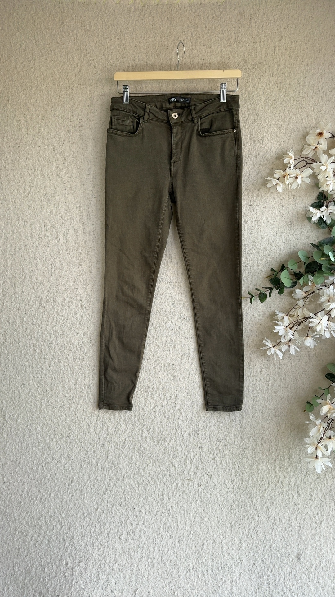 Zara Olive Green Skinny Jeans UK 12 Casual Denim Trousers Skinny Fit