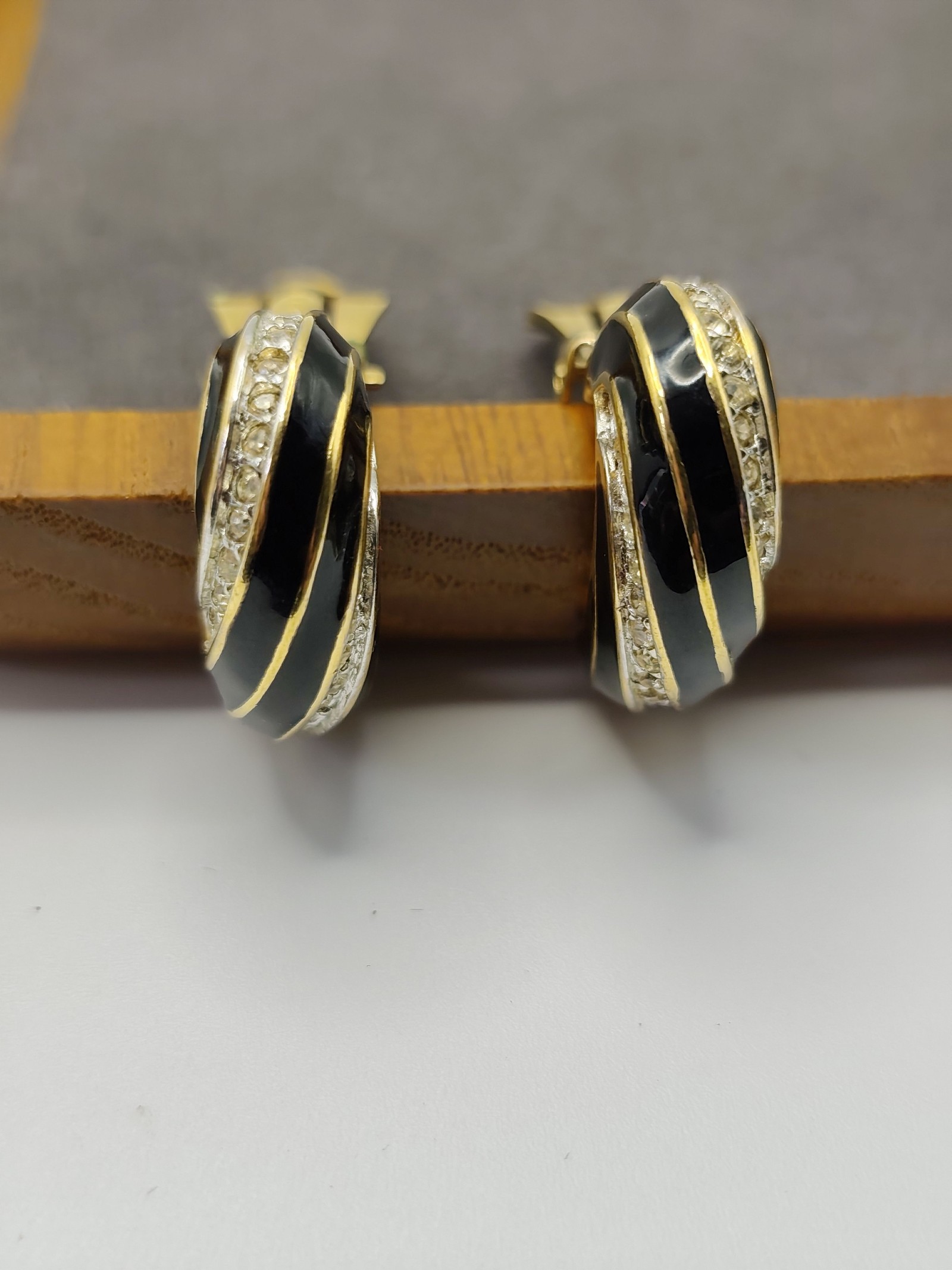 Nina Ricci Black & Gold Tone Clip-On Earrings with Rhinestones image 3