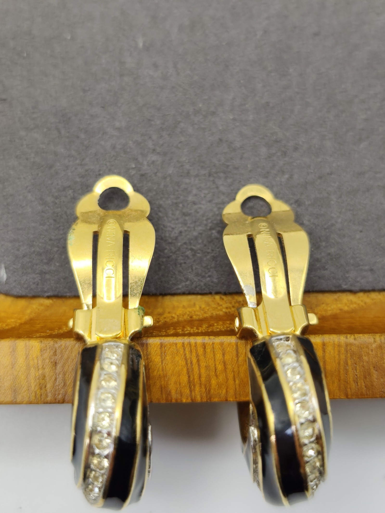 Nina Ricci Black & Gold Tone Clip-On Earrings with Rhinestones image 4