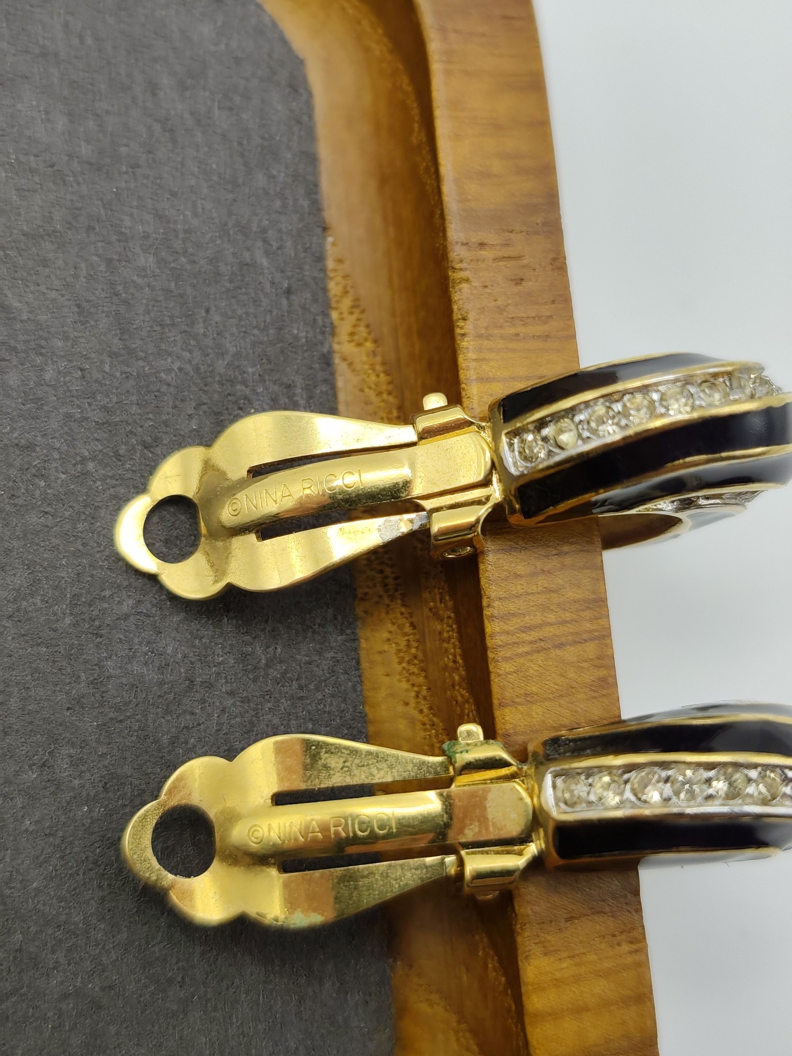 Nina Ricci Black & Gold Tone Clip-On Earrings with Rhinestones image 5