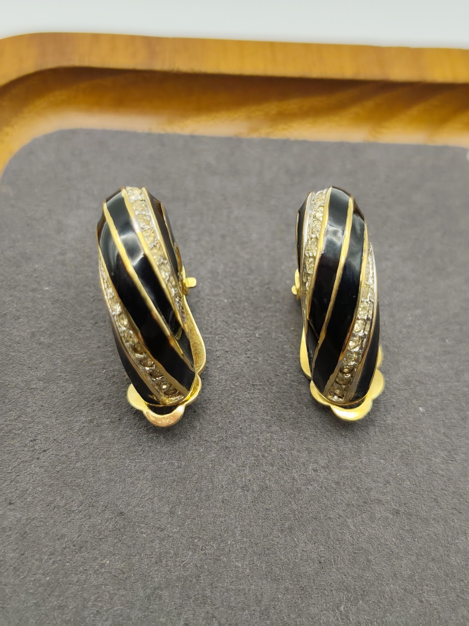 Nina Ricci Black & Gold Tone Clip-On Earrings with Rhinestones image 7