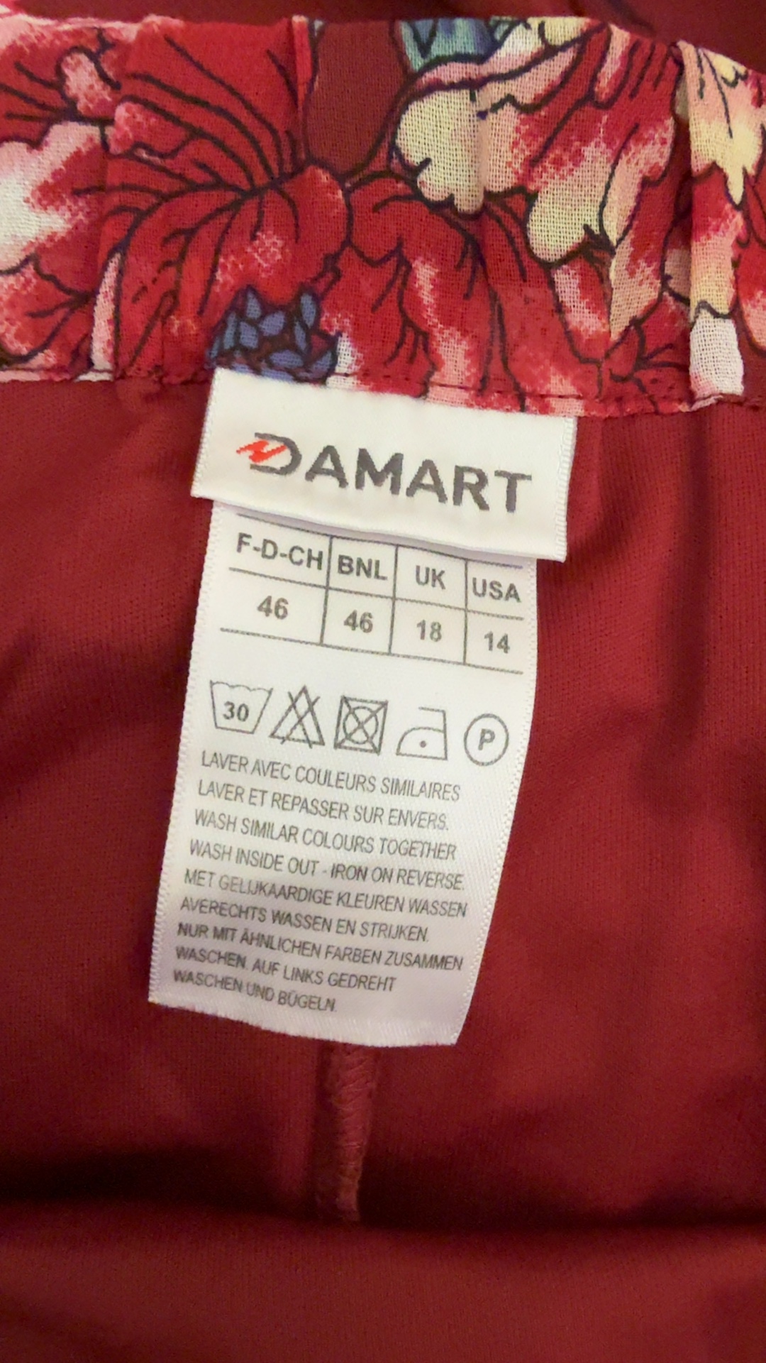 Damart Red Floral Midi Skirt UK 18 Elastic Waist Polyester Lined image 3