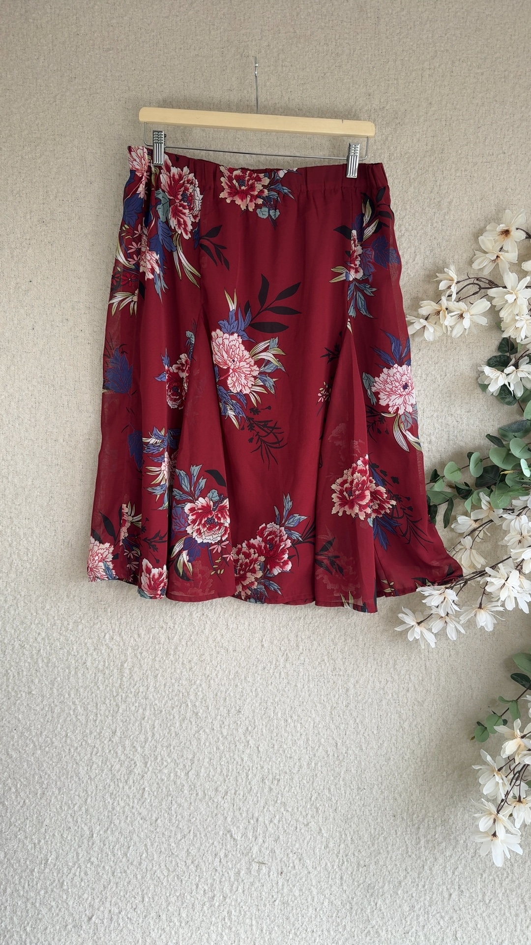 Damart Red Floral Midi Skirt UK 18 Elastic Waist Polyester Lined image 4
