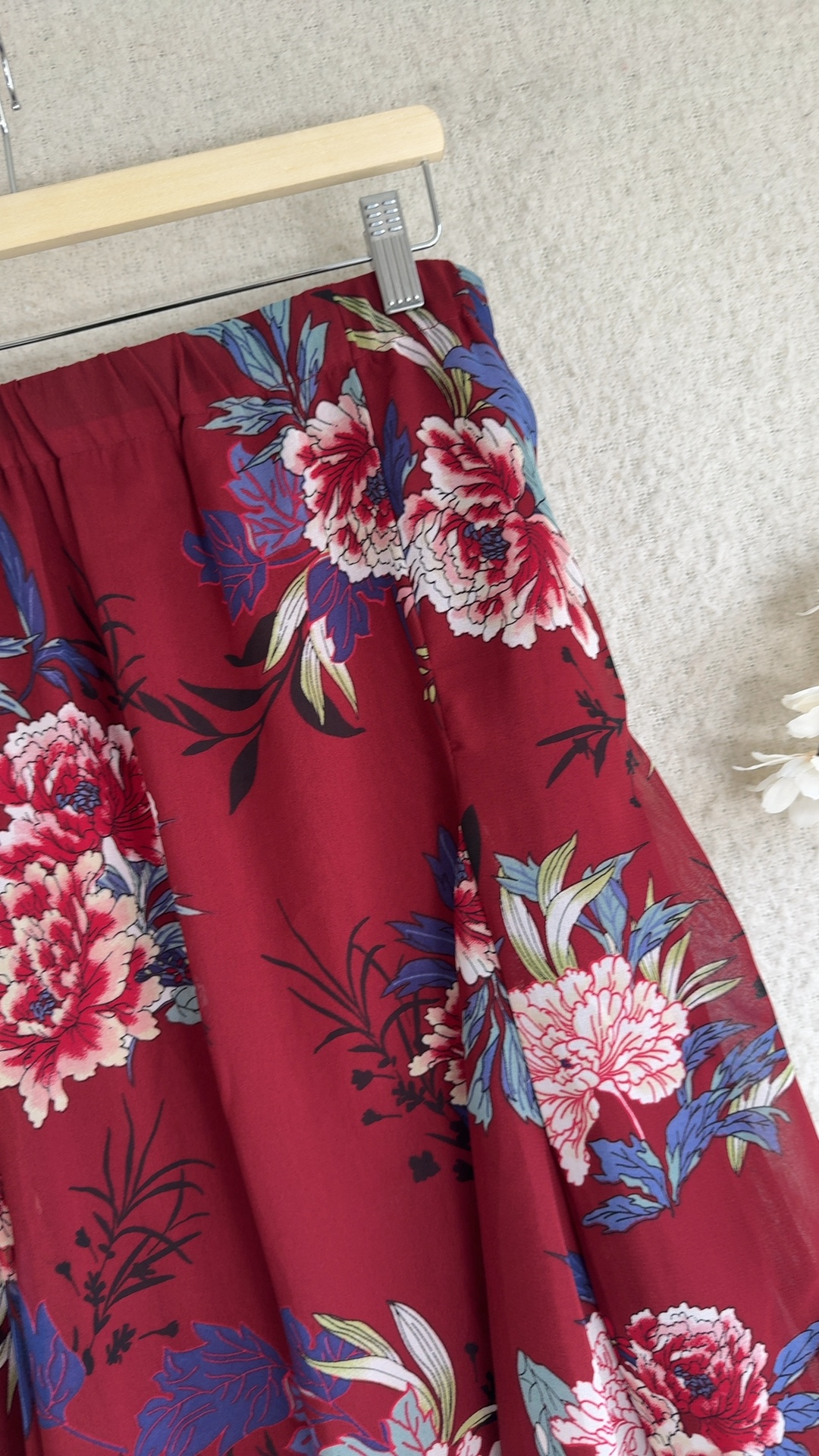 Damart Red Floral Midi Skirt UK 18 Elastic Waist Polyester Lined image 2