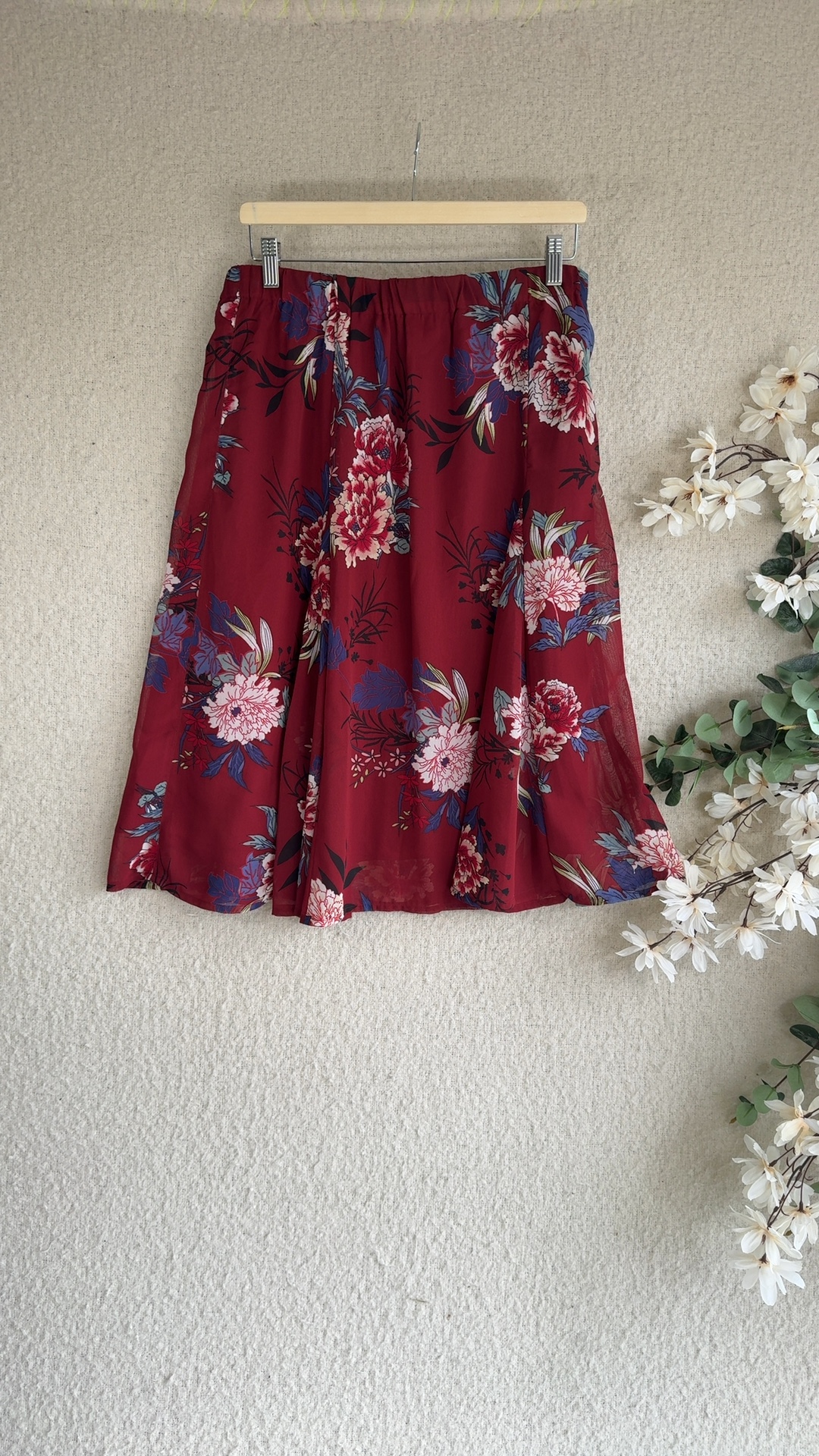 Damart Red Floral Midi Skirt UK 18 Elastic Waist Polyester Lined