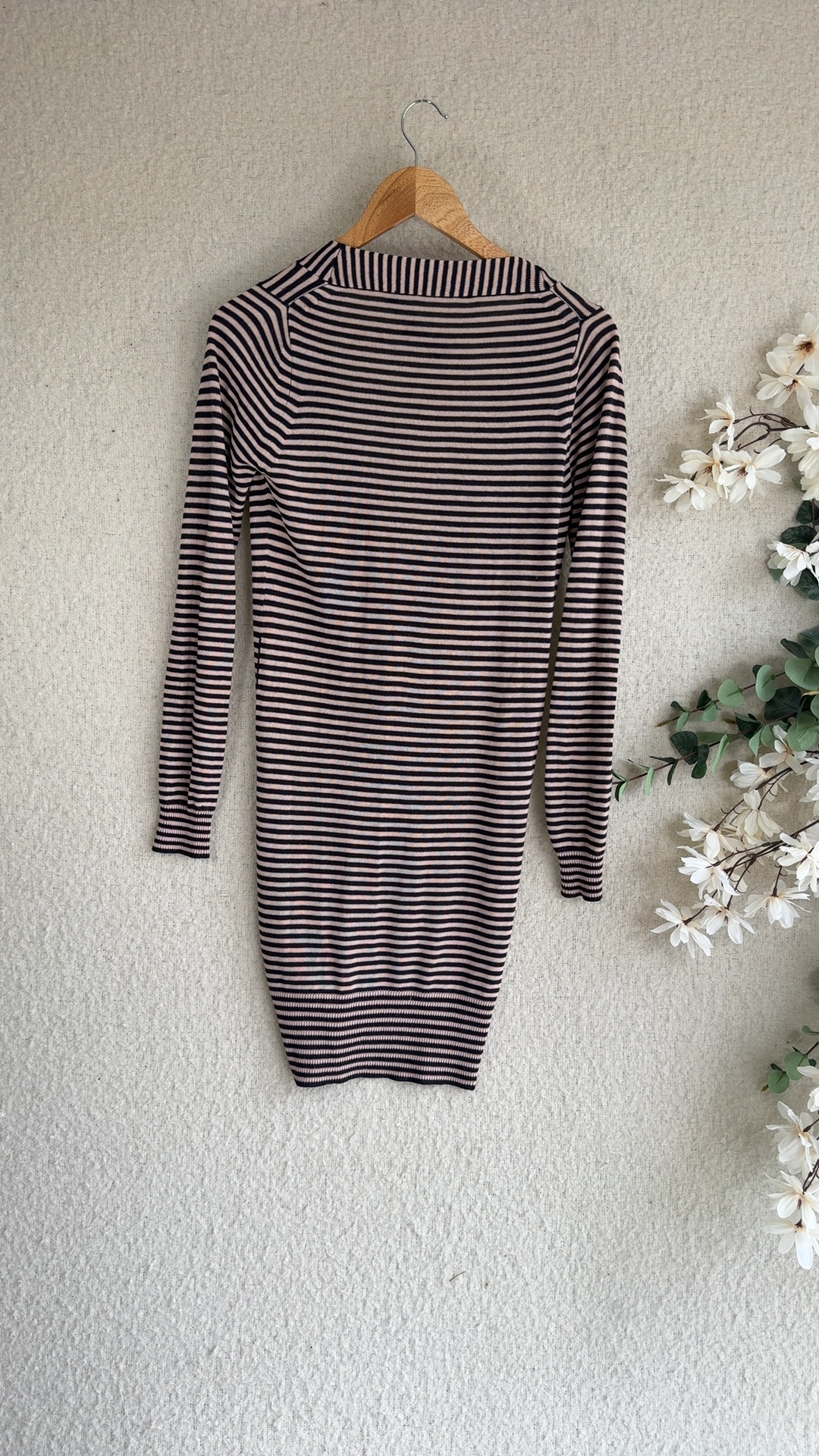 French Connection Black & Beige Striped Button Front Knit Dress Small Stylish image 5