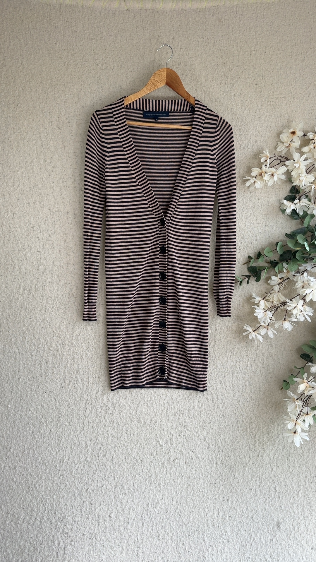 French Connection Black & Beige Striped Button Front Knit Dress Small Stylish