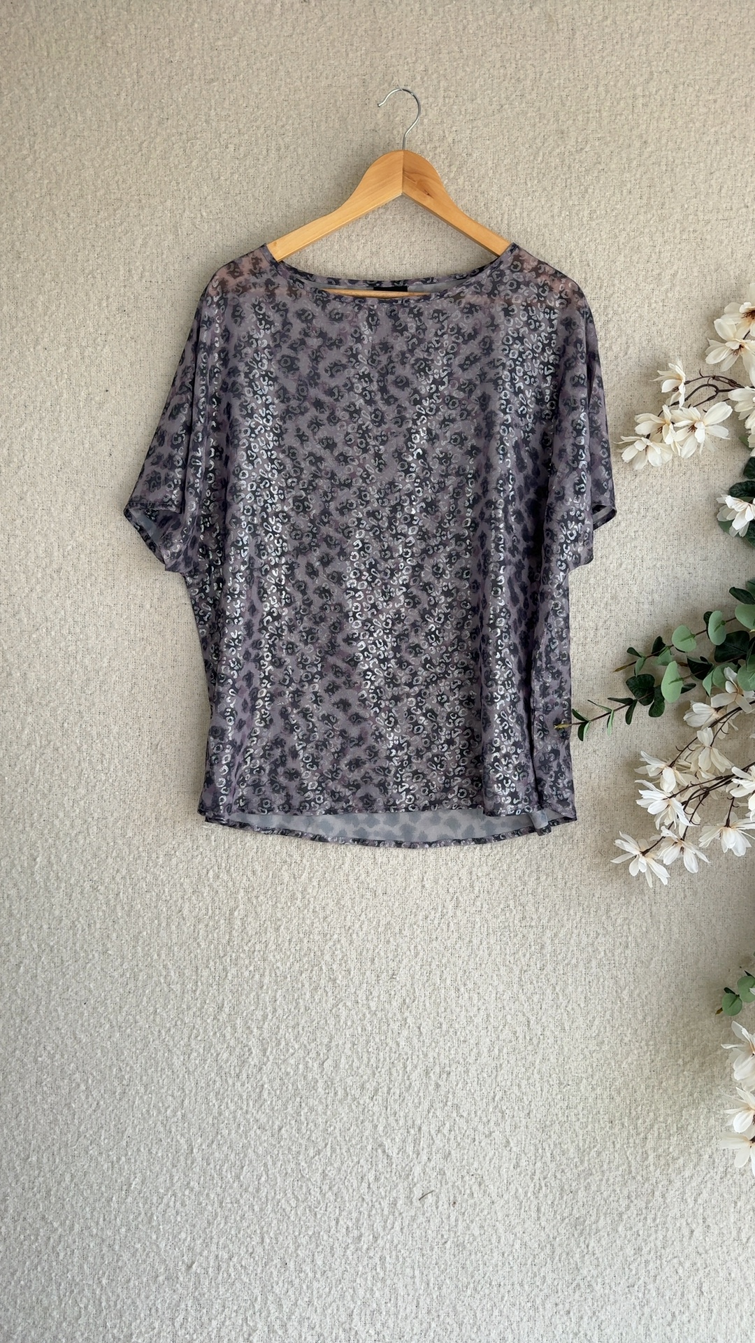 Next Grey Animal Print Sequin Detail Blouse UK 18 Sheer Sleeve