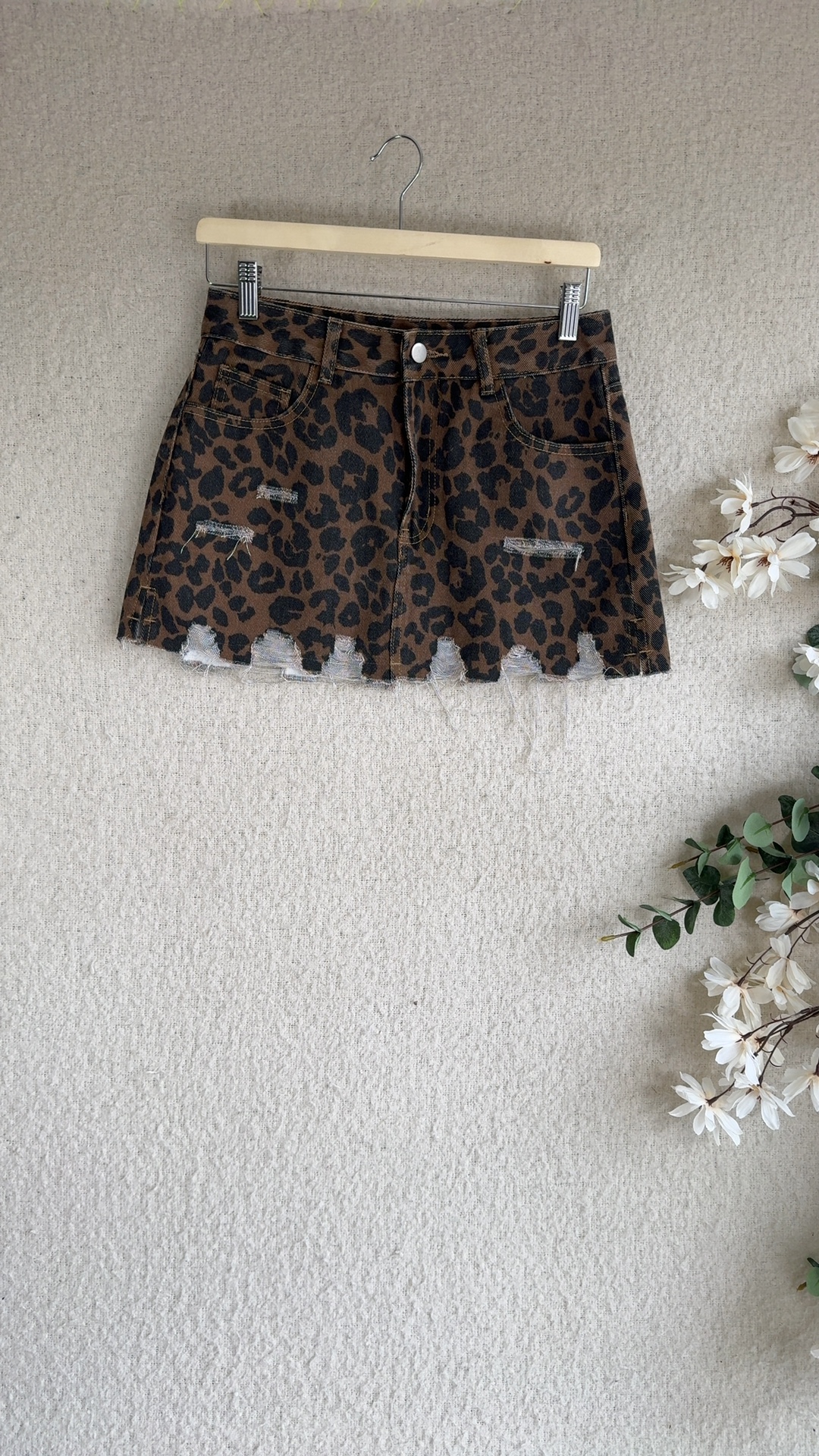 Brown & Black Leopard Print Scalloped Hem Denim Mini Skirt UK Medium Stylish