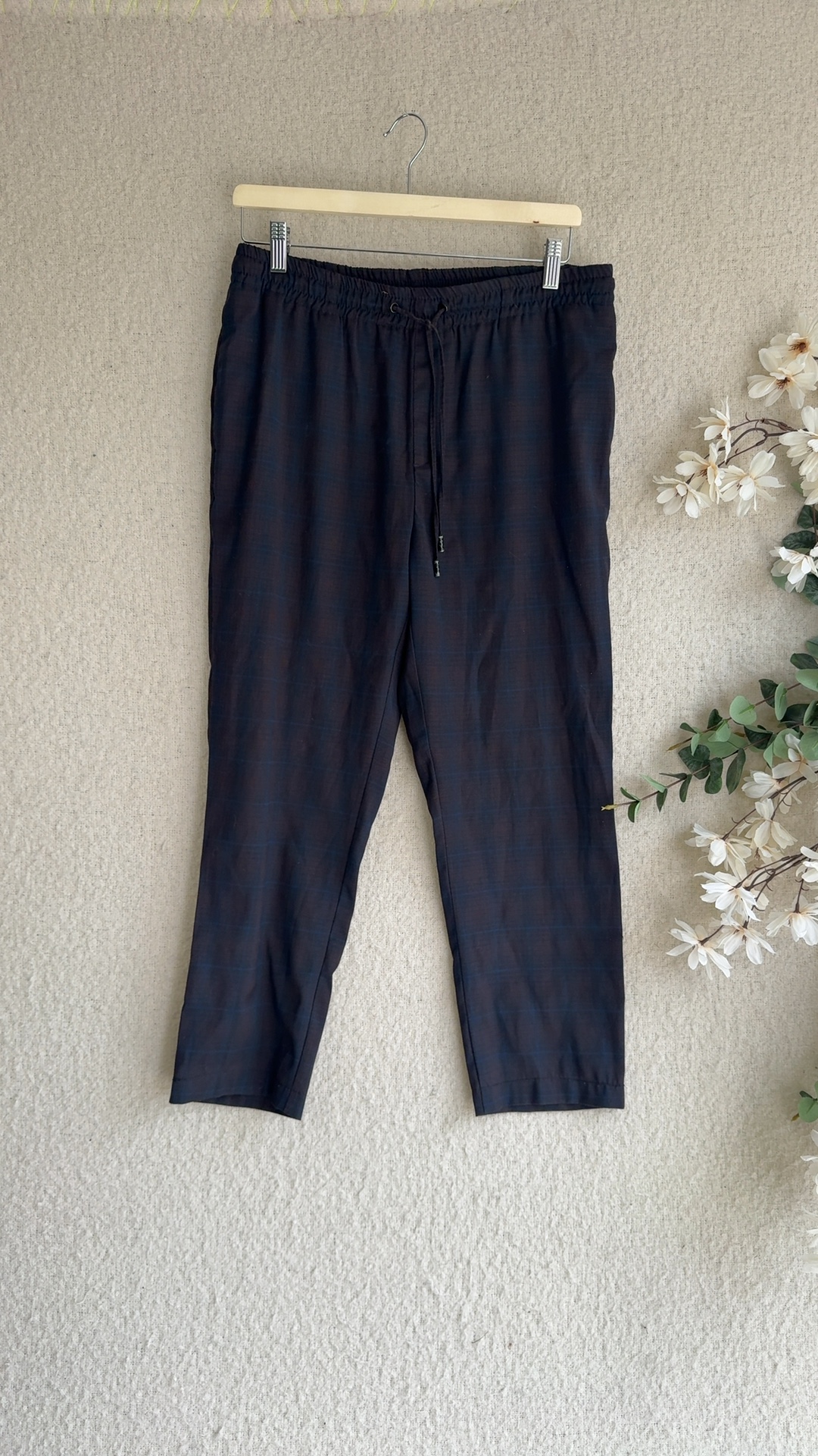 Primark Navy & Brown Checked Tapered Waistband Trousers Small UK 10 image 6